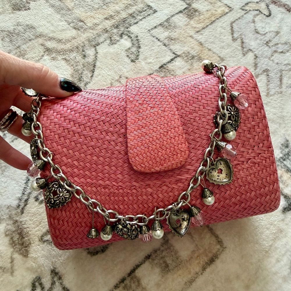 Pink Woven Handbag with Charm Strap